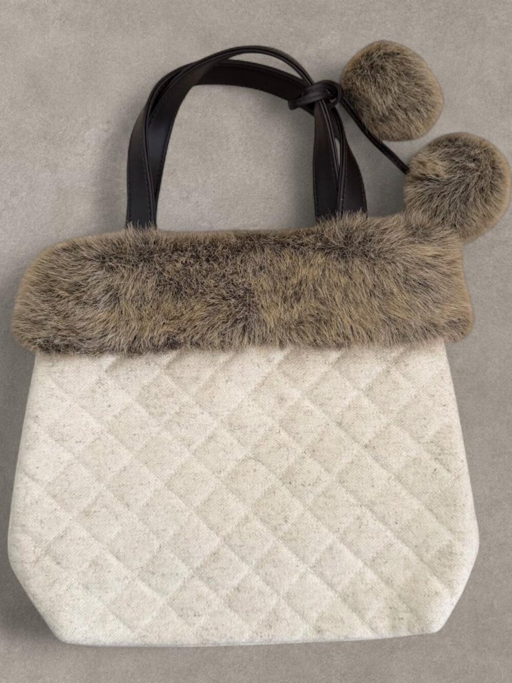 Quilted Cream Faux Fur Trim Mini Tote Bag Pom Pom Handles